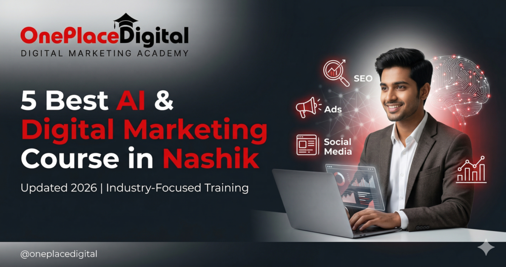 Professional young marketer working on a laptop with digital AI neural network graphics for the best AI and digital marketing course in Nashik by OnePlace Digital Academy.