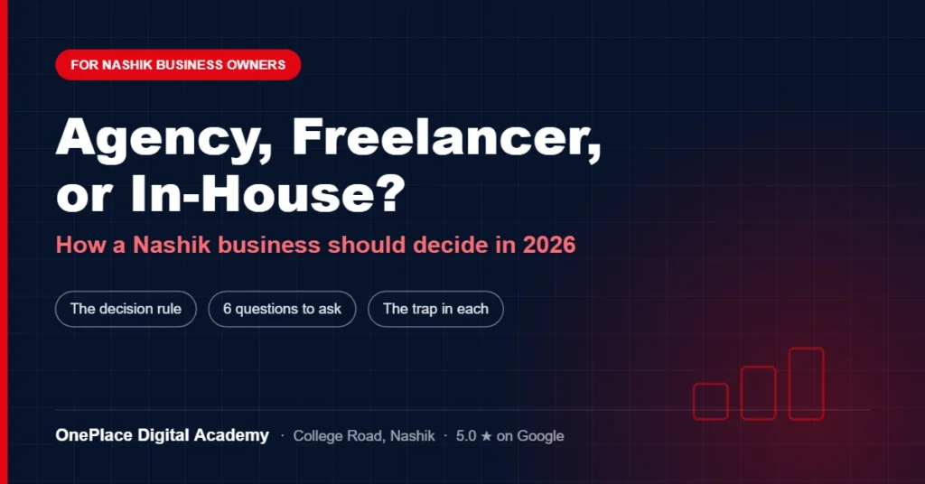 Digital Marketing Agency vs Freelancer vs In-House — What a Nashik Business Should Pick in 2026 4 Agency, freelancer, or train someone in-house - how a Nashik business owner should decide in 2026, with the decision rule, six questions to ask each option and the trap each one hides, from OnePlace Digital Academy, College Road, Nashik