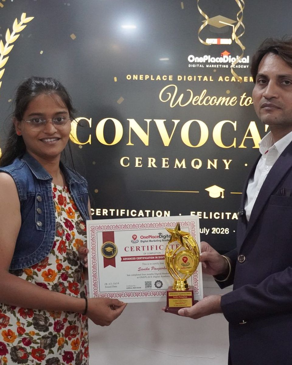 #1 AI & Digital Marketing Course in Nashik | ONEPLACE DIGITAL 2 Certified OnePlace student with trophy and certificate, Convocation 2026 Nashik