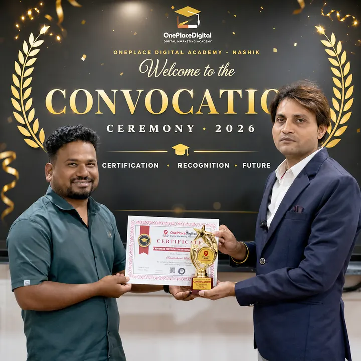 OnePlace Digital Academy graduate receiving certificate at Convocation 2026, Nashik
