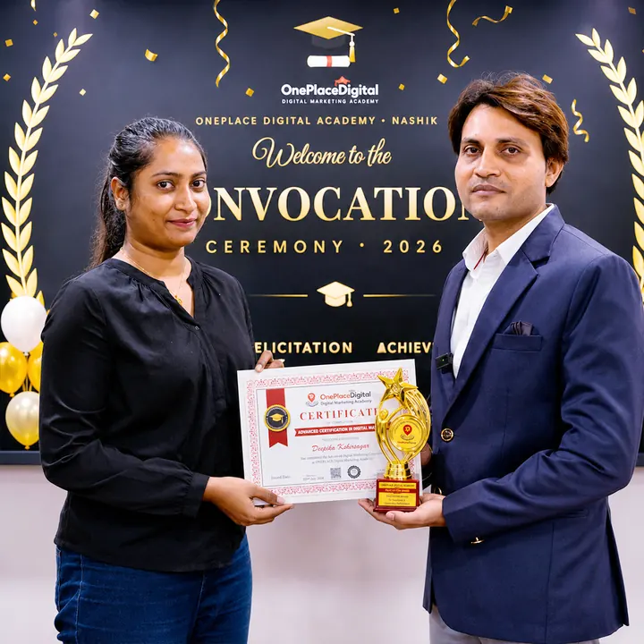 Certified OnePlace student with trophy and certificate, Convocation 2026 Nashik